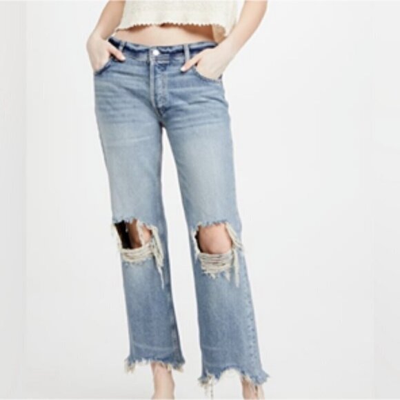 Free People We The Free High Rise Distressed Thrashed Crop Jeans Light Wash 28 - Picture 1 of 8